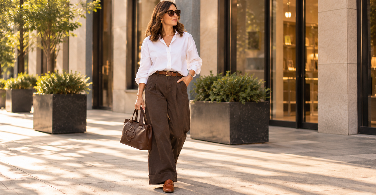 Outfit de trabalho com calça jeans marrom wide leg, camisa branca e mocassim